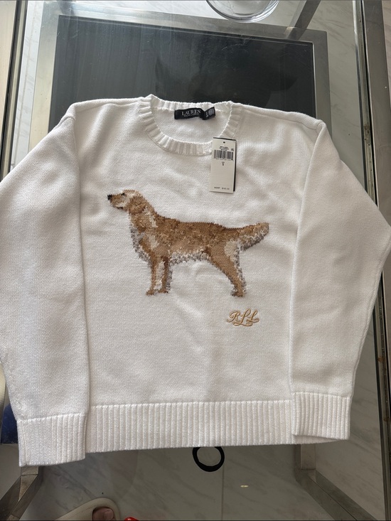 Ralph Lauren Sweaters - Ralph Lauren White Crewneck Sweater with Brown Dog Intarsia